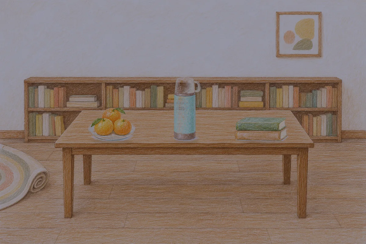 군자 여성전용 피로 회복 마사지 안내 그림, 밤의 서재 긴 책상 위에 놓인 귤이 담긴 접시, 보온병, 책 두 권