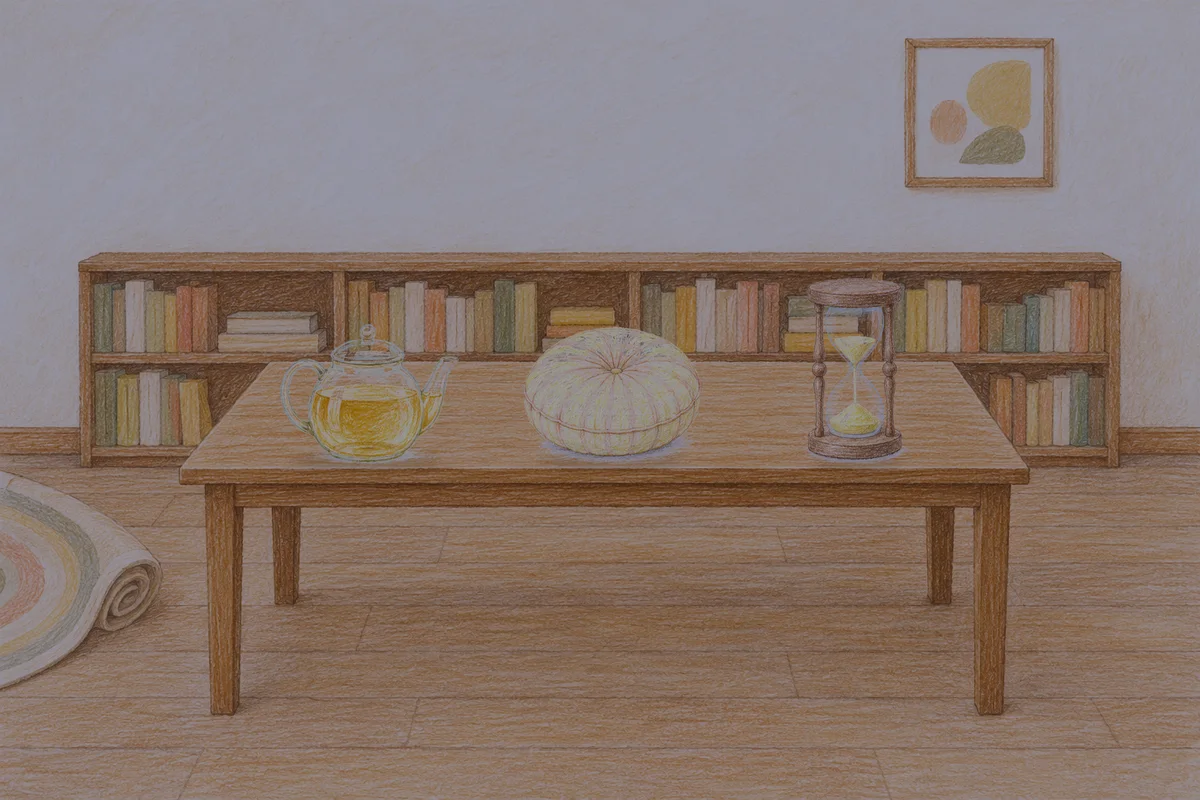 군자 여성전용 페이셜 마사지 안내 그림, 밤의 서재 긴 책상 위에 놓인 유리 티포트, 둥근 쿠션, 모래시계