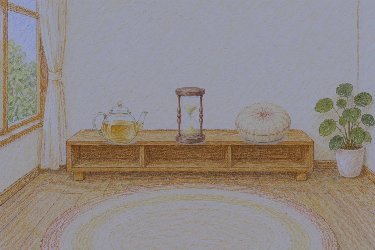 군자 여성전용 림프 페이셜 안내 그림, 밤의 창가 낮은 선반 위에 놓인 유리 티포트, 모래시계, 둥근 쿠션