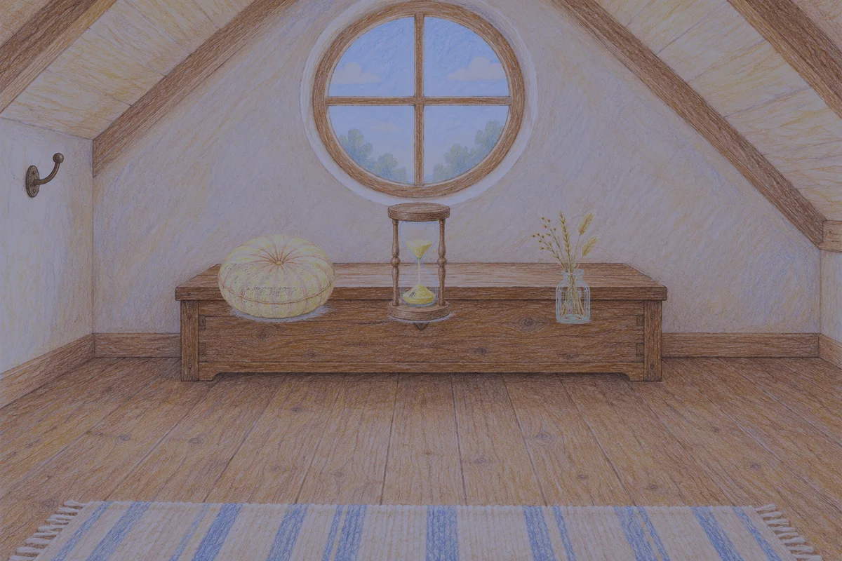 군자 여성전용 브라이덜 케어 안내 그림, 밤의 다락방 나무 궤짝 위에 놓인 둥근 쿠션, 모래시계, 마른 풀을 꽂은 항아리