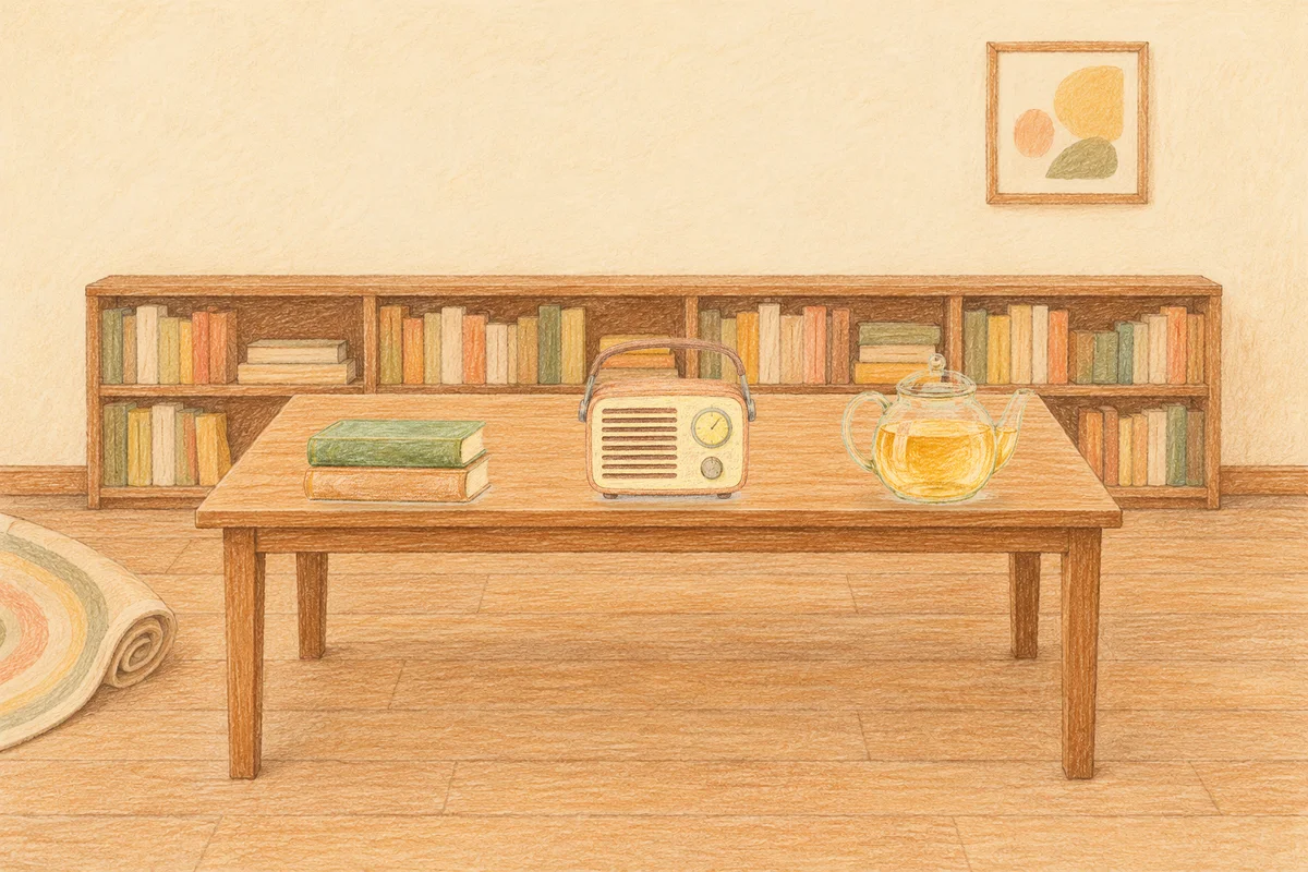 군자 여성전용 샵 마사지 안내 그림, 낮의 서재 긴 책상 위에 놓인 책 두 권, 작은 라디오, 유리 티포트