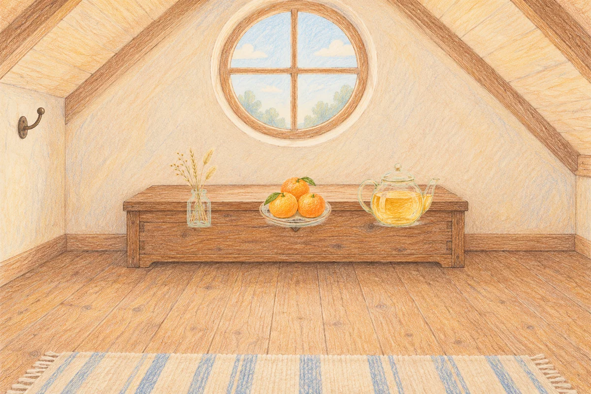 군자 여성전용 예약 마사지 안내 그림, 낮의 다락방 나무 궤짝 위에 놓인 마른 풀을 꽂은 항아리, 귤이 담긴 접시, 유리 티포트