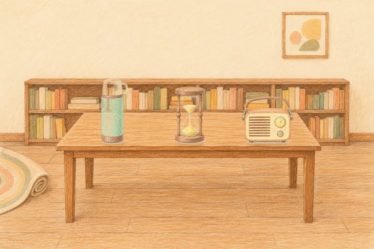 군자 여성전용 후기 마사지 안내 그림, 낮의 서재 긴 책상 위에 놓인 보온병, 모래시계, 작은 라디오