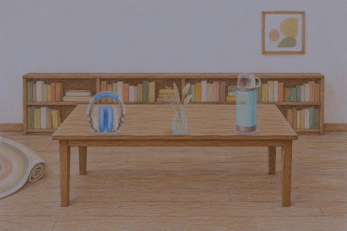 면목동 여성전용 아로마테라피 안내 그림, 밤의 서재 긴 책상 위에 놓인 헤드폰, 마른 풀을 꽂은 항아리, 보온병