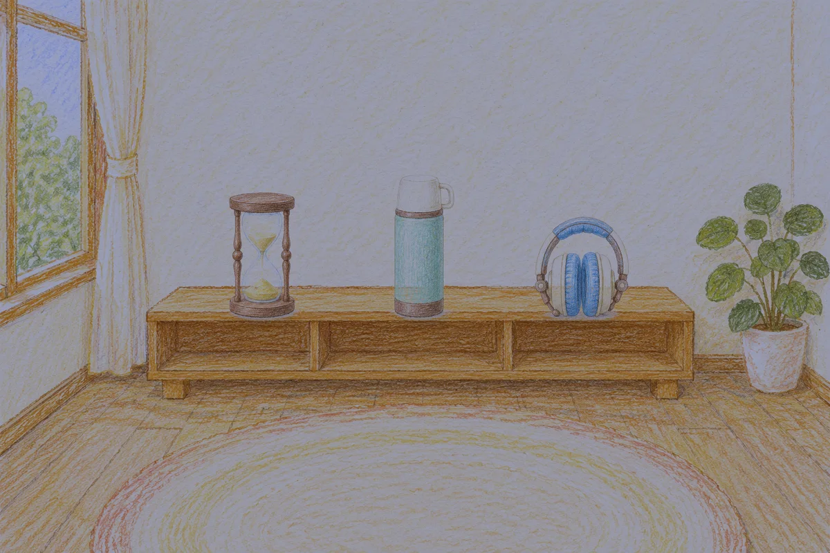 면목동 여성전용 라벤더 아로마 안내 그림, 밤의 창가 낮은 선반 위에 놓인 모래시계, 보온병, 헤드폰