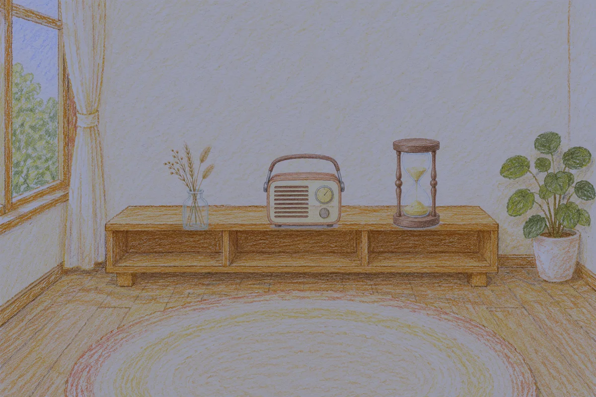 면목동 여성전용 스웨디시 후기 안내 그림, 밤의 창가 낮은 선반 위에 놓인 마른 풀을 꽂은 항아리, 작은 라디오, 모래시계