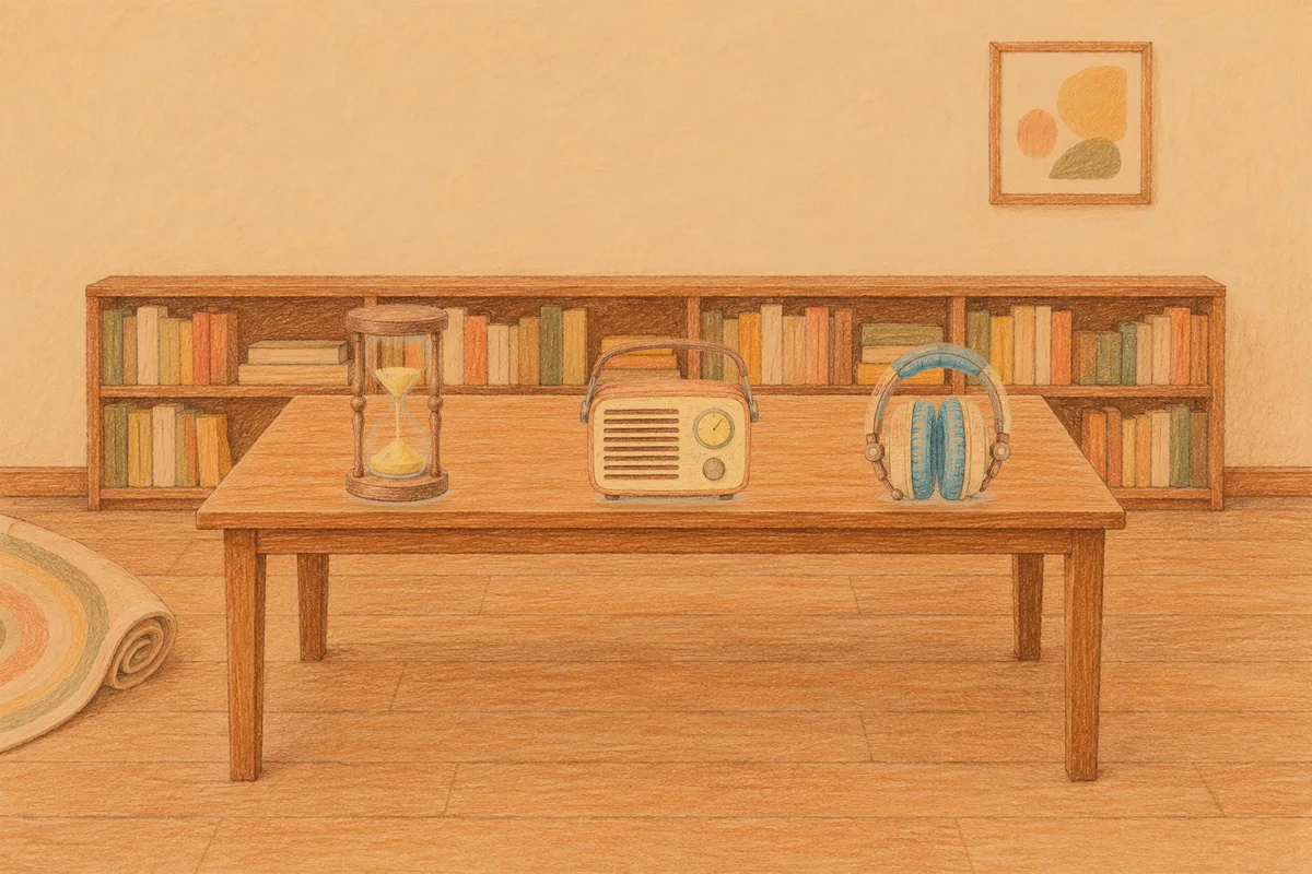 면목동 여성전용 홈케어 안내 그림, 저녁의 서재 긴 책상 위에 놓인 모래시계, 작은 라디오, 헤드폰
