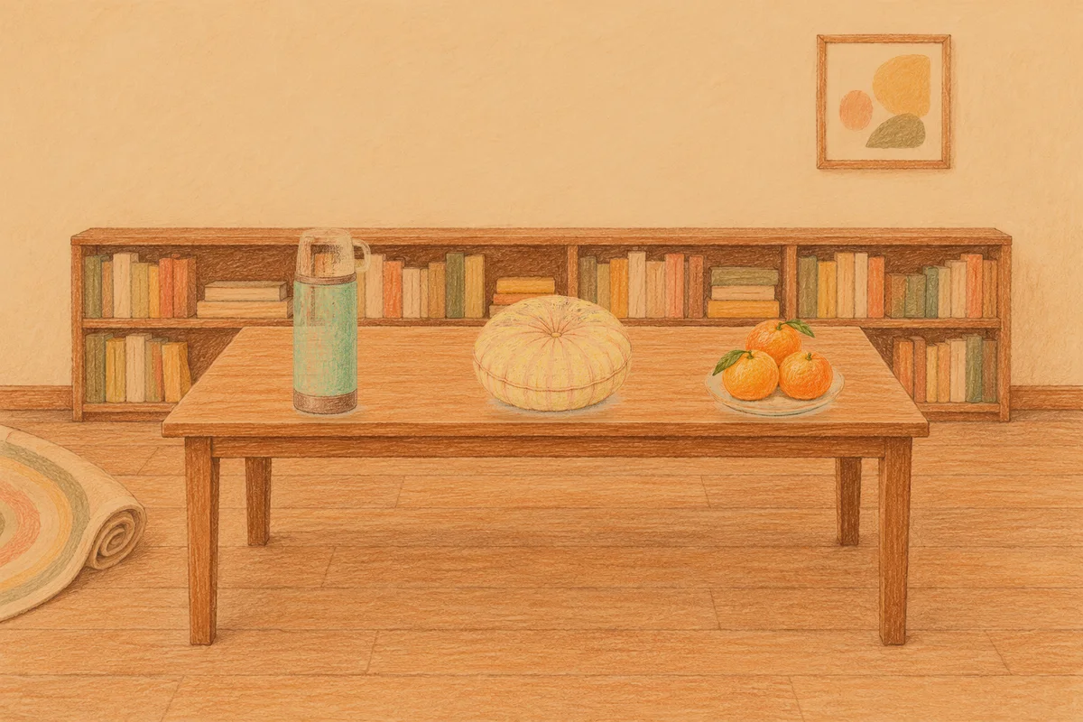 면목동 여성전용 1인샵 안내 그림, 저녁의 서재 긴 책상 위에 놓인 보온병, 둥근 쿠션, 귤이 담긴 접시