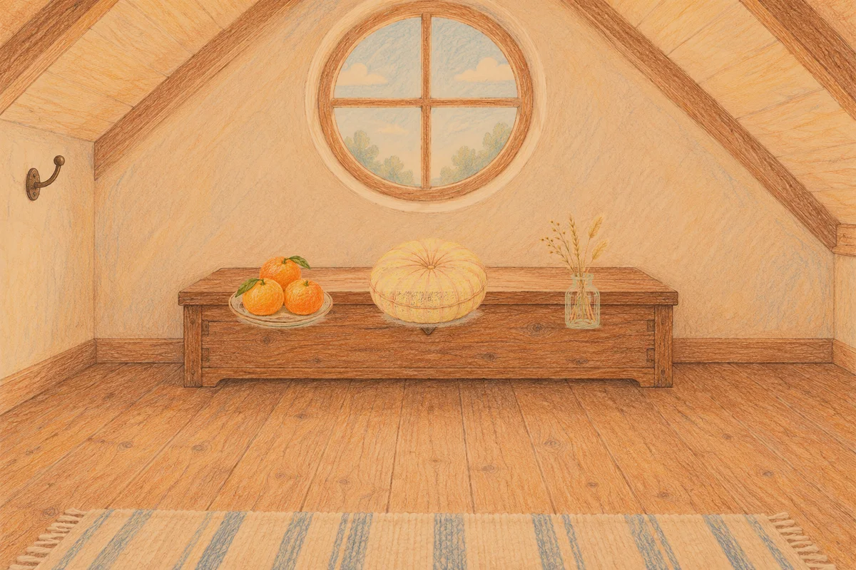 면목동 여성전용 홈케어 추천 안내 그림, 저녁의 다락방 나무 궤짝 위에 놓인 귤이 담긴 접시, 둥근 쿠션, 마른 풀을 꽂은 항아리