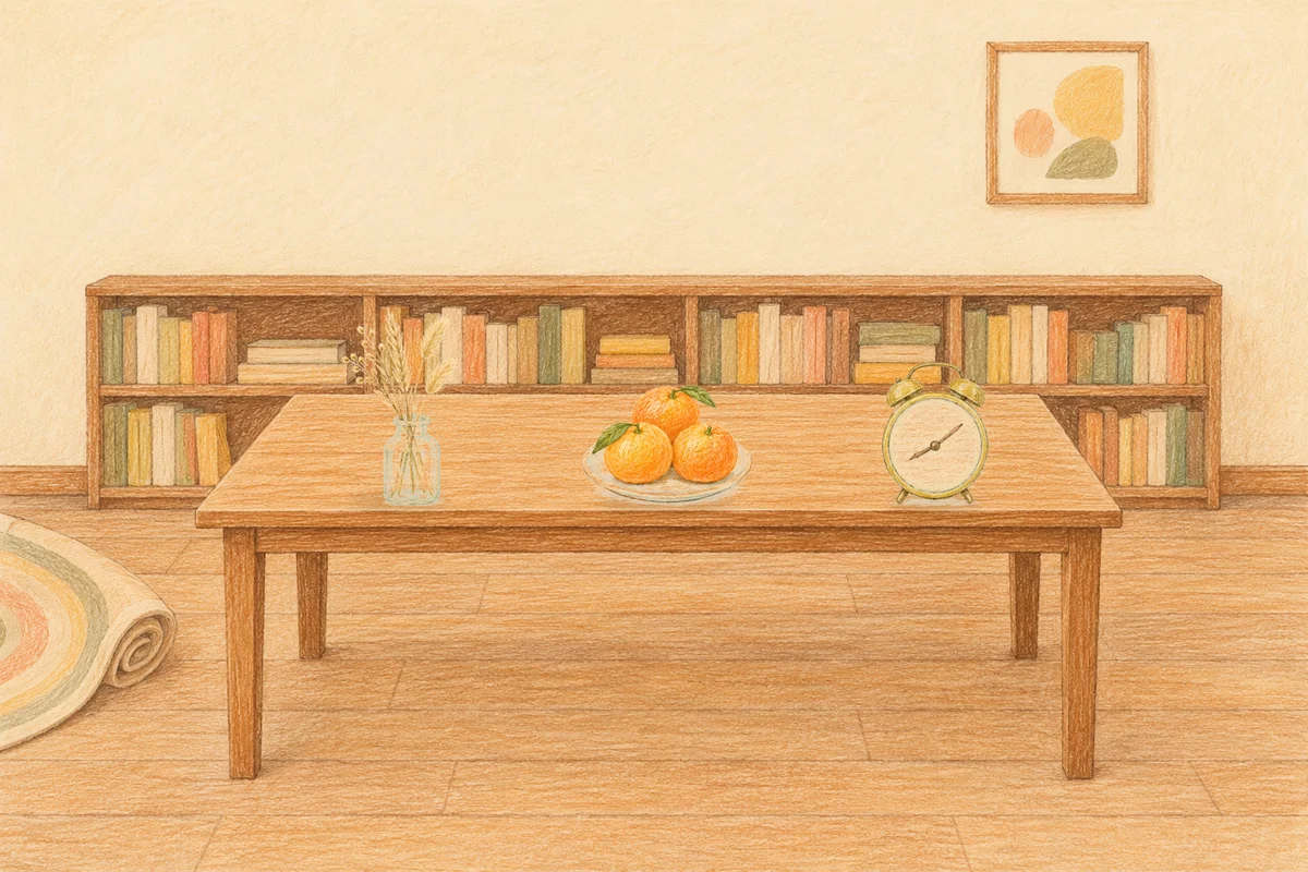 면목동 여성전용 발관리 안내 그림, 낮의 서재 긴 책상 위에 놓인 마른 풀을 꽂은 항아리, 귤이 담긴 접시, 둥근 알람시계
