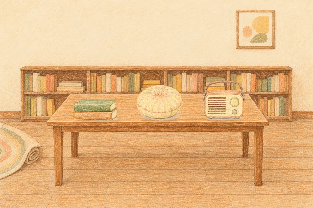 면목동 여성전용 셀룰라이트 관리 안내 그림, 낮의 서재 긴 책상 위에 놓인 책 두 권, 둥근 쿠션, 작은 라디오