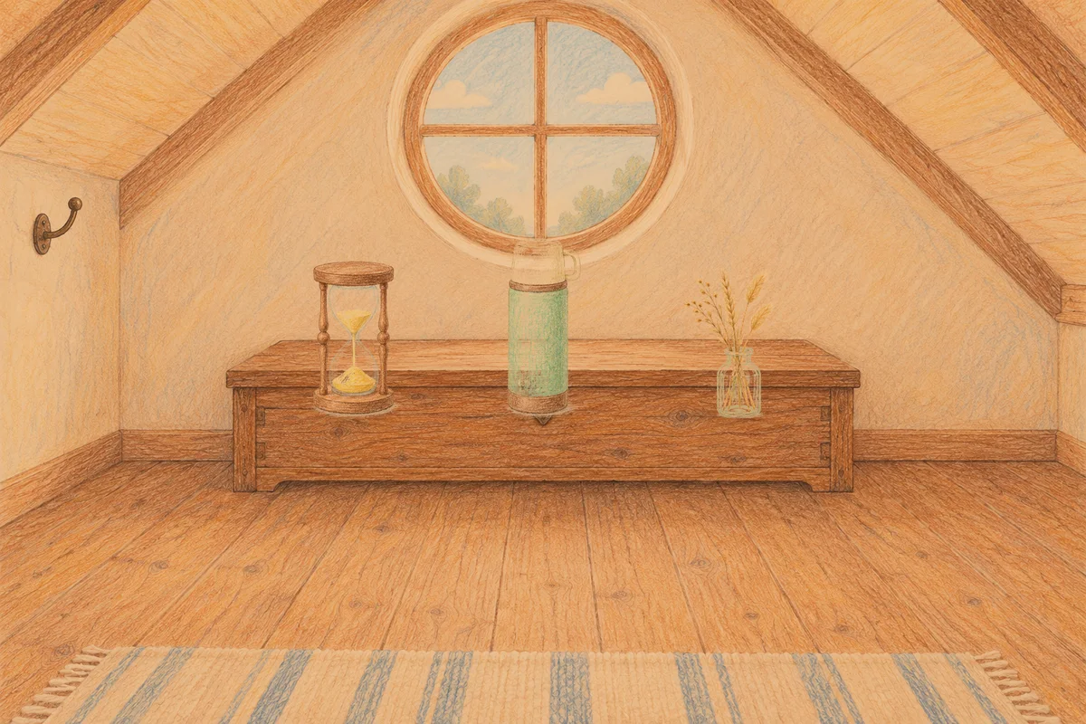 면목동 여성전용 디톡스 마사지 안내 그림, 저녁의 다락방 나무 궤짝 위에 놓인 모래시계, 보온병, 마른 풀을 꽂은 항아리