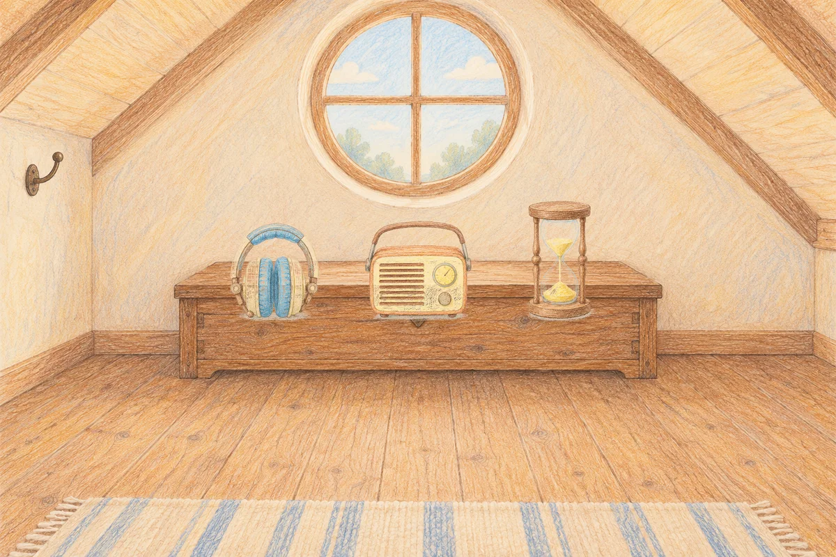면목동 여성전용 다이어트 마사지 안내 그림, 낮의 다락방 나무 궤짝 위에 놓인 헤드폰, 작은 라디오, 모래시계