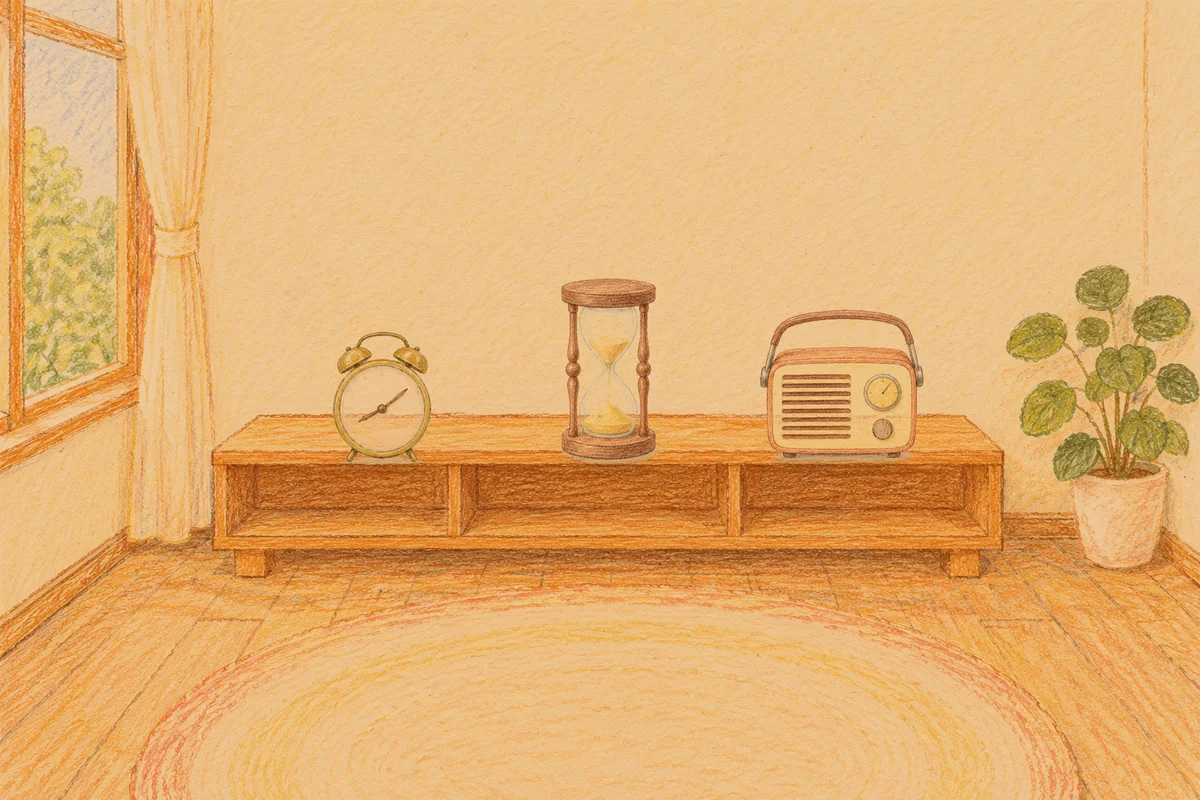 면목동 여성전용 두피 케어 안내 그림, 저녁의 창가 낮은 선반 위에 놓인 둥근 알람시계, 모래시계, 작은 라디오