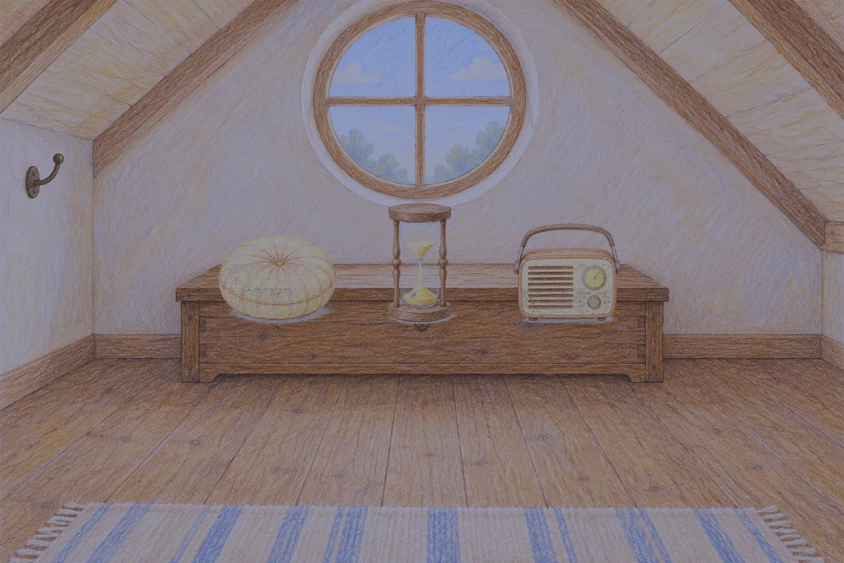 면목동 여성전용 목 어깨 케어 안내 그림, 밤의 다락방 나무 궤짝 위에 놓인 둥근 쿠션, 모래시계, 작은 라디오