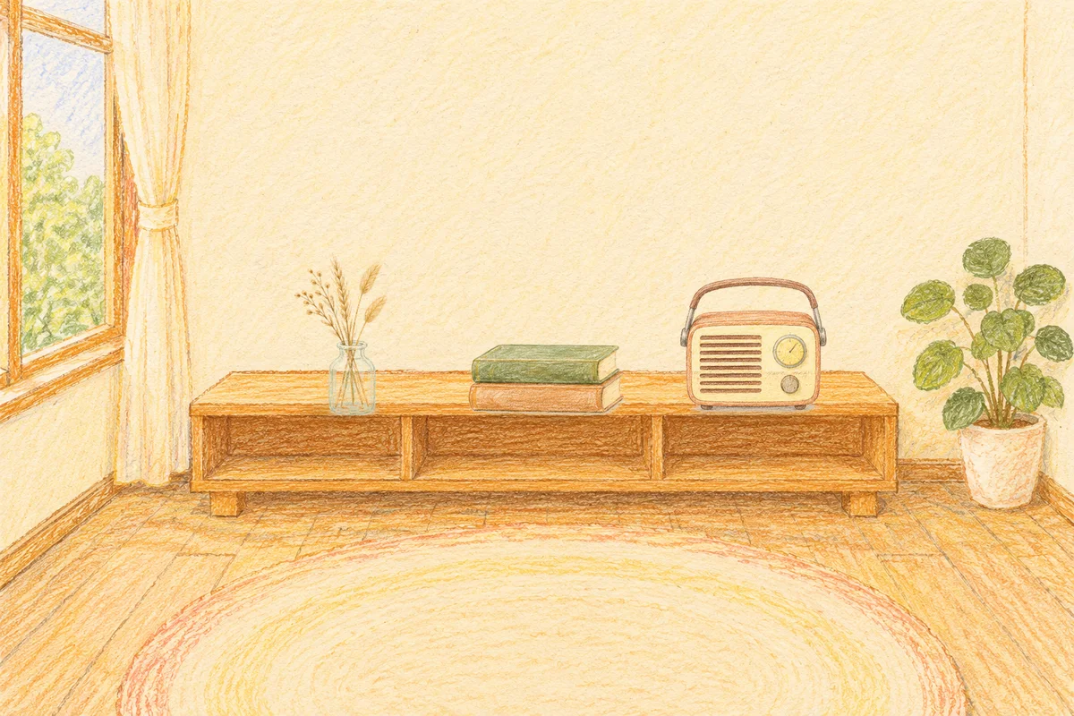 면목동 여성전용 스트레스 케어 안내 그림, 낮의 창가 낮은 선반 위에 놓인 마른 풀을 꽂은 항아리, 책 두 권, 작은 라디오