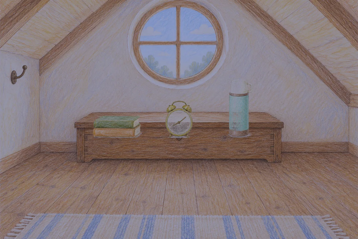 면목동 여성전용 안티에이징 케어 안내 그림, 밤의 다락방 나무 궤짝 위에 놓인 책 두 권, 둥근 알람시계, 보온병