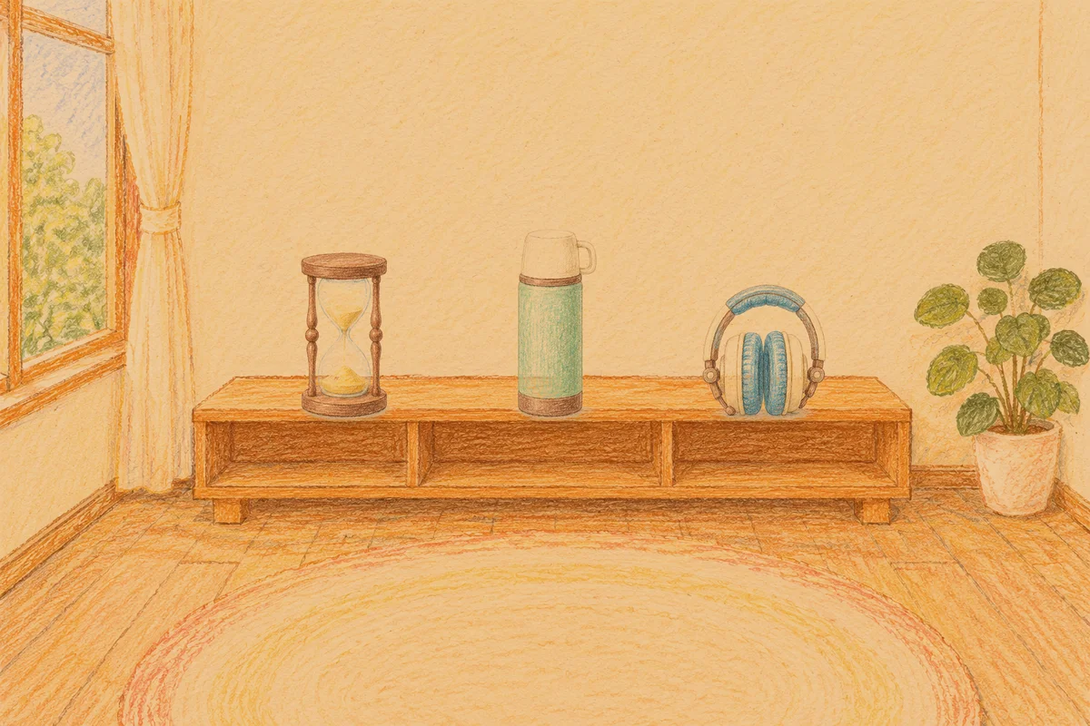 면목동 여성전용 샵 마사지 안내 그림, 저녁의 창가 낮은 선반 위에 놓인 모래시계, 보온병, 헤드폰