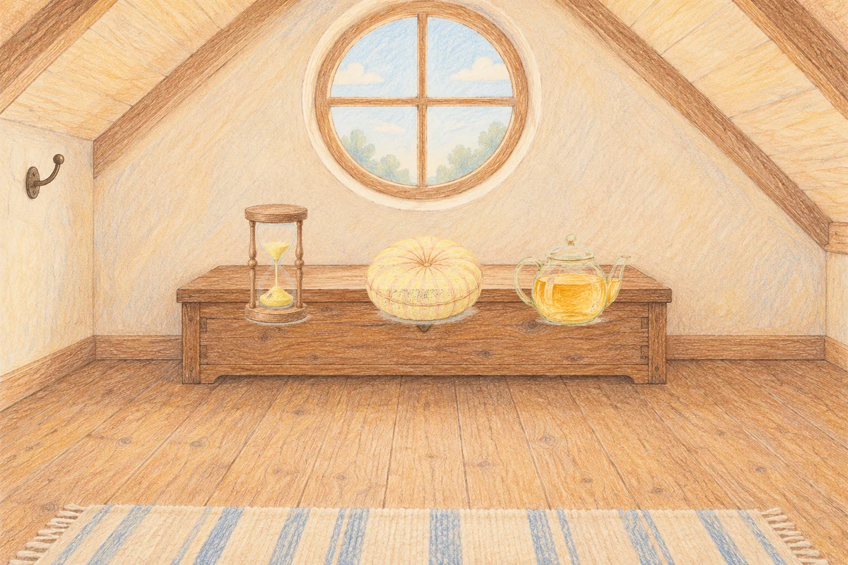 면목동 여성전용 후기 마사지 안내 그림, 낮의 다락방 나무 궤짝 위에 놓인 모래시계, 둥근 쿠션, 유리 티포트