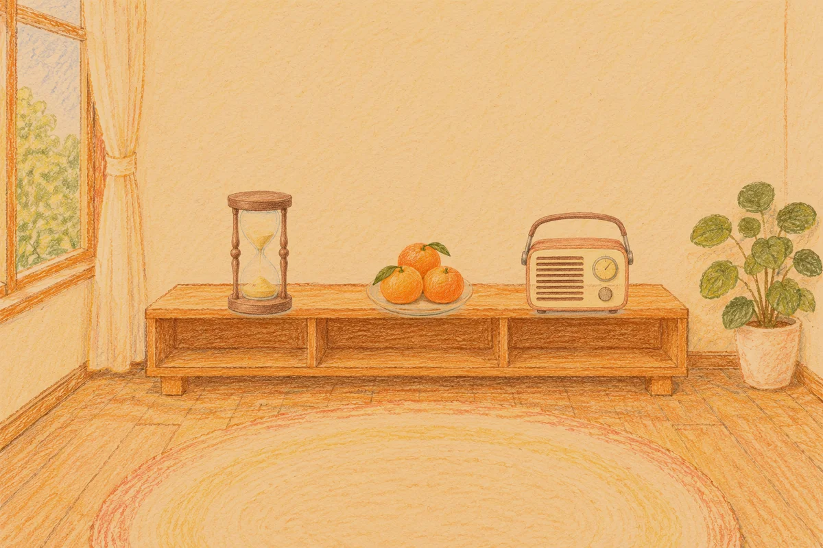 면목동 여성전용 가격 마사지 안내 그림, 저녁의 창가 낮은 선반 위에 놓인 모래시계, 귤이 담긴 접시, 작은 라디오