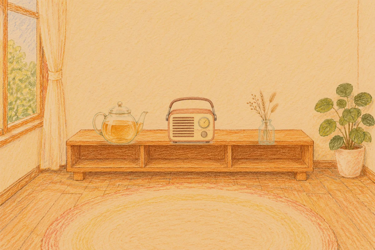 면목동 여성전용 출장 마사지 안내 그림, 저녁의 창가 낮은 선반 위에 놓인 유리 티포트, 작은 라디오, 마른 풀을 꽂은 항아리