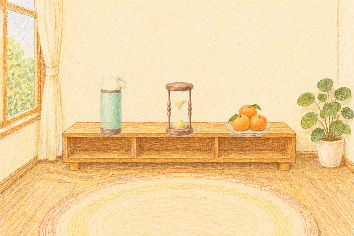 상봉동 여성전용 아로마테라피 안내 그림, 낮의 창가 낮은 선반 위에 놓인 보온병, 모래시계, 귤이 담긴 접시