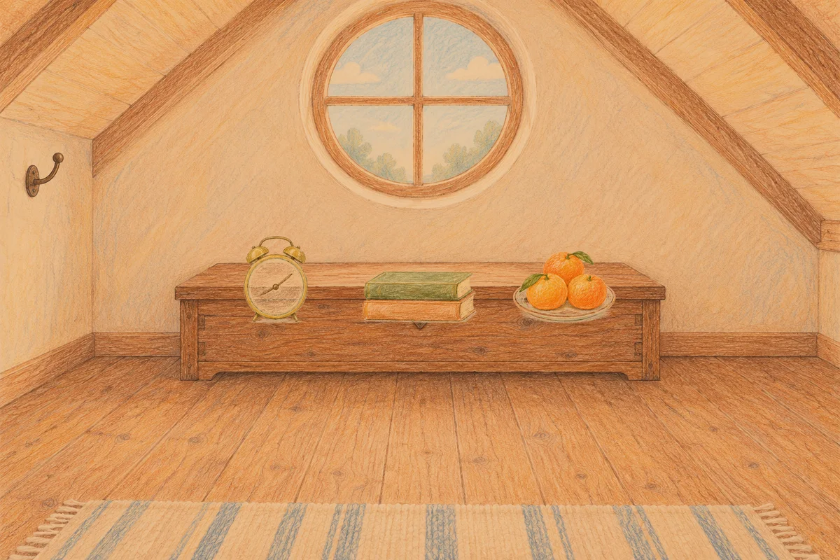 상봉동 여성전용 스웨디시 후기 안내 그림, 저녁의 다락방 나무 궤짝 위에 놓인 둥근 알람시계, 책 두 권, 귤이 담긴 접시