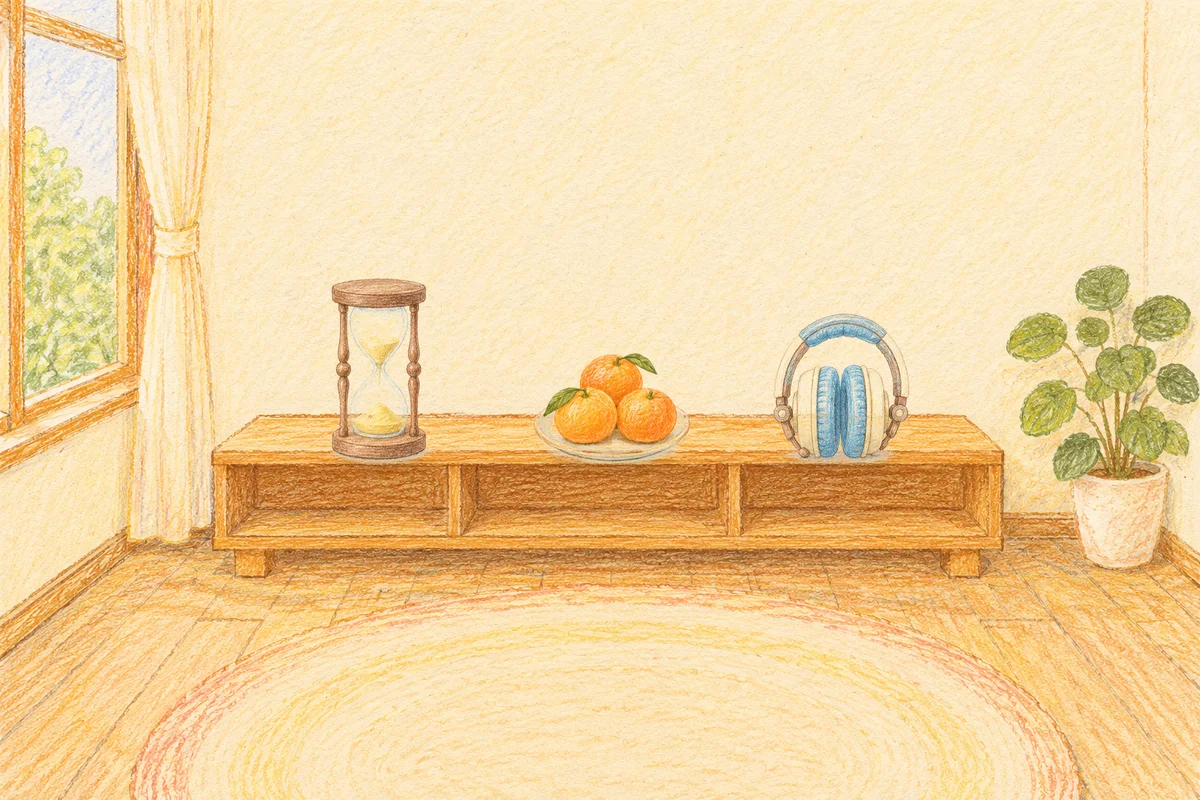 상봉동 여성전용 아로마 마사지 후기 안내 그림, 낮의 창가 낮은 선반 위에 놓인 모래시계, 귤이 담긴 접시, 헤드폰
