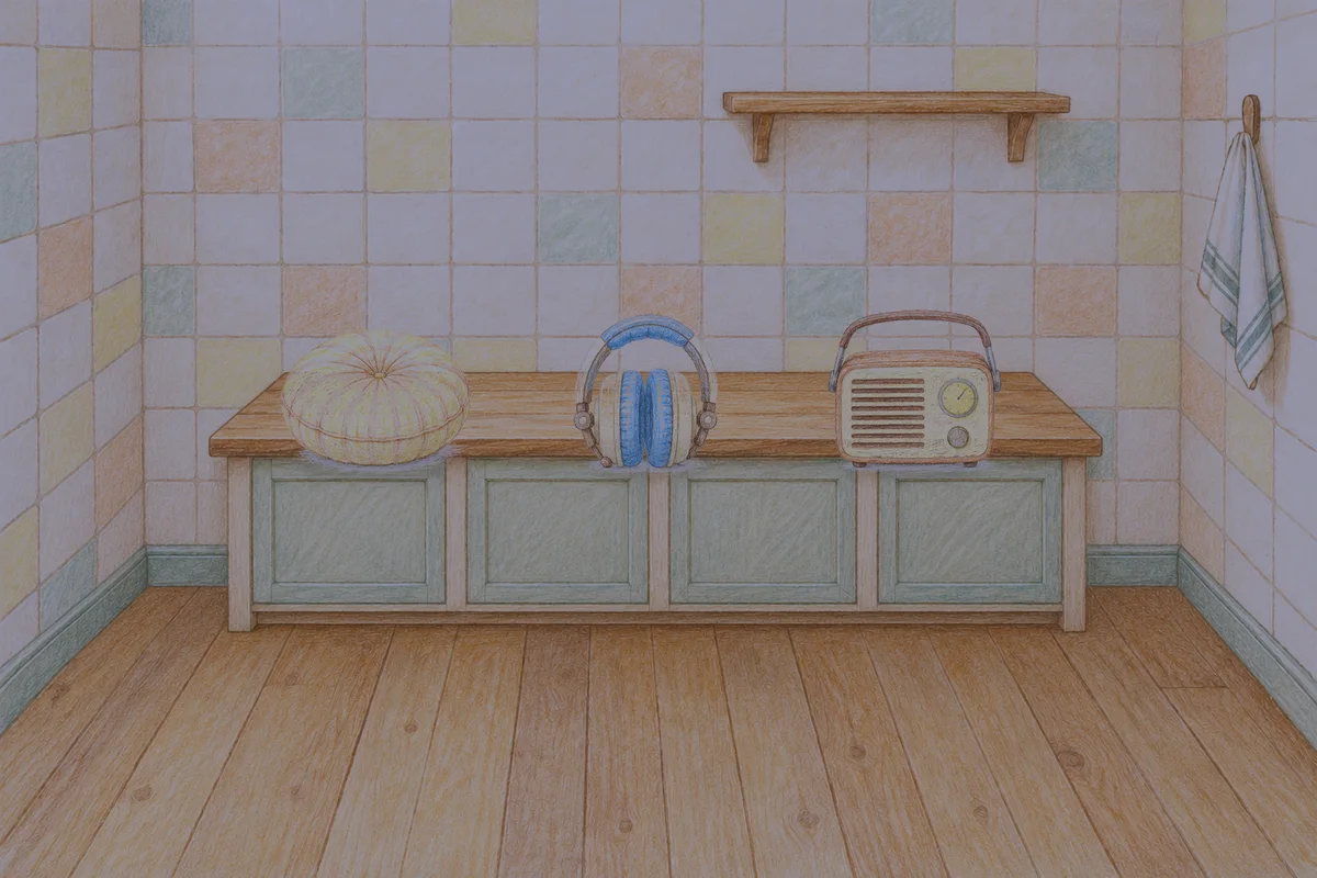 상봉동 여성전용 스웨디시 가격 안내 그림, 밤의 부엌 나무 조리대 위에 놓인 둥근 쿠션, 헤드폰, 작은 라디오