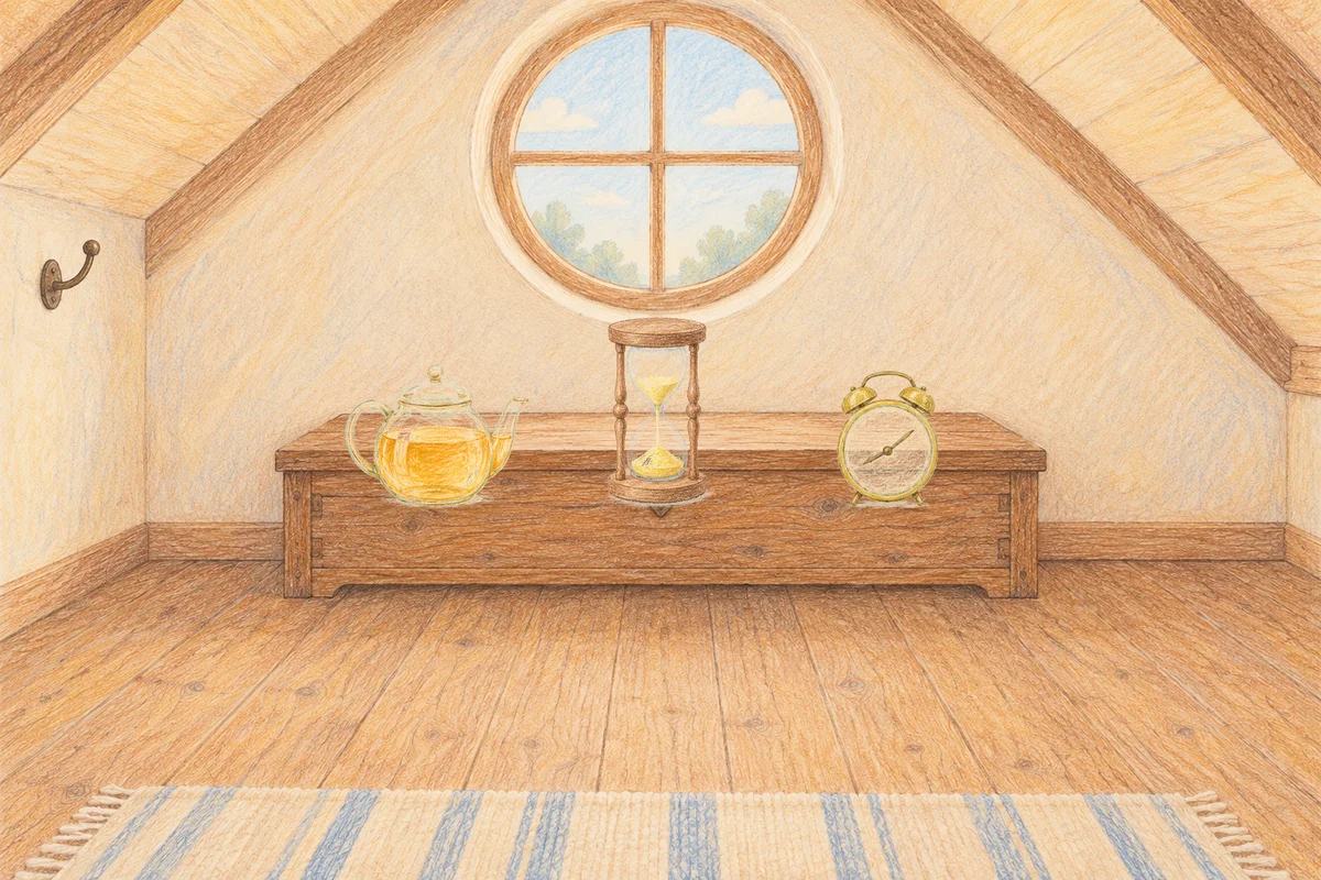 상봉동 여성전용 스웨디시 추천 안내 그림, 낮의 다락방 나무 궤짝 위에 놓인 유리 티포트, 모래시계, 둥근 알람시계