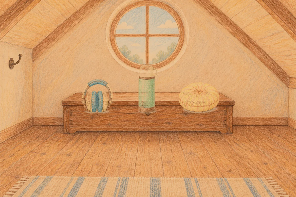 상봉동 여성전용 아로마 추천 안내 그림, 저녁의 다락방 나무 궤짝 위에 놓인 헤드폰, 보온병, 둥근 쿠션
