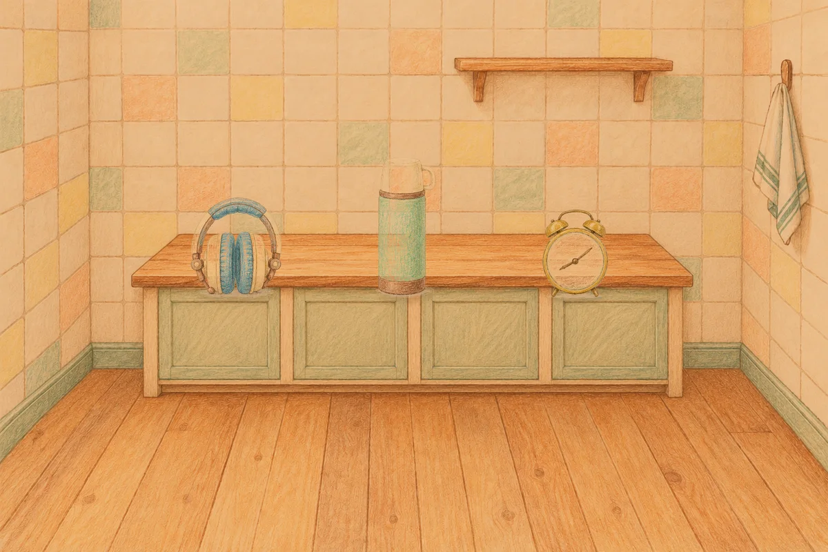상봉동 여성전용 경락 케어 안내 그림, 저녁의 부엌 나무 조리대 위에 놓인 헤드폰, 보온병, 둥근 알람시계