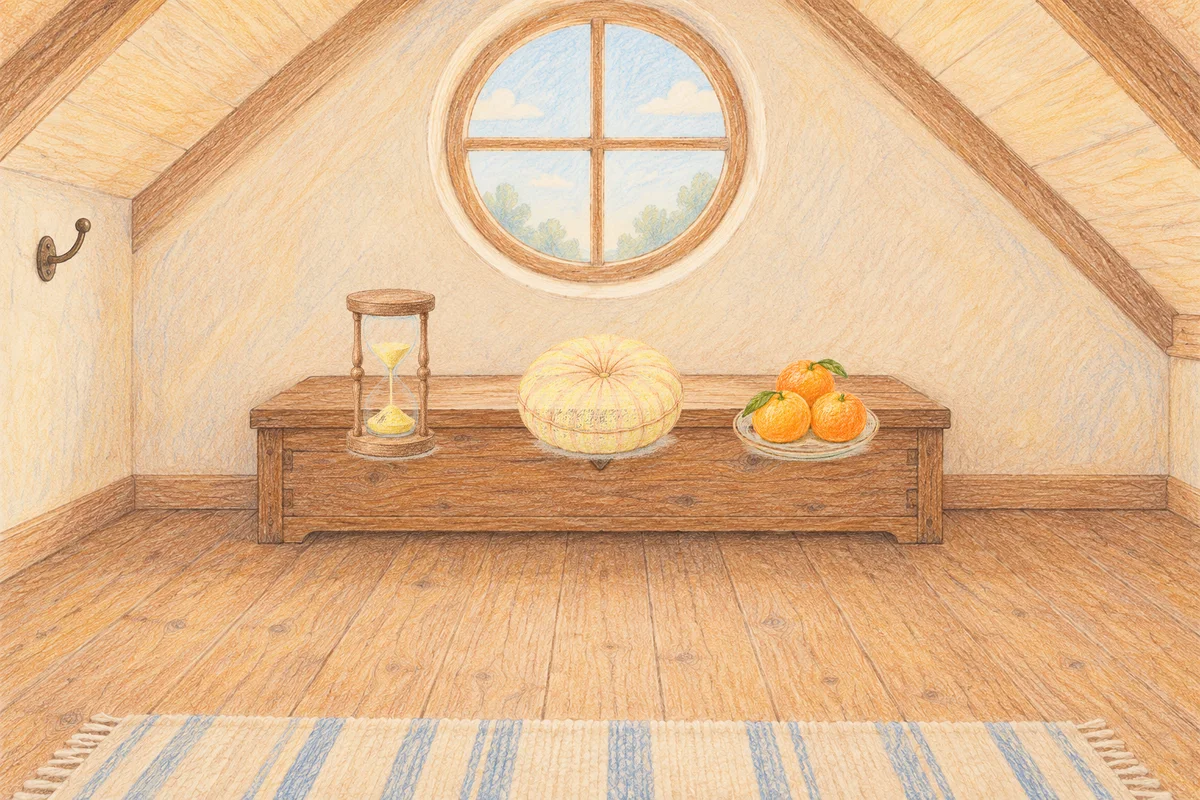 상봉동 여성전용 경락 가격 안내 그림, 낮의 다락방 나무 궤짝 위에 놓인 모래시계, 둥근 쿠션, 귤이 담긴 접시