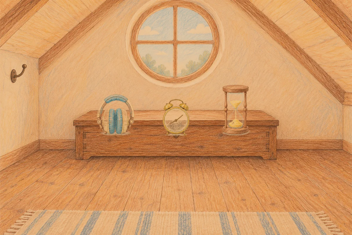 상봉동 여성전용 홈케어 안내 그림, 저녁의 다락방 나무 궤짝 위에 놓인 헤드폰, 둥근 알람시계, 모래시계