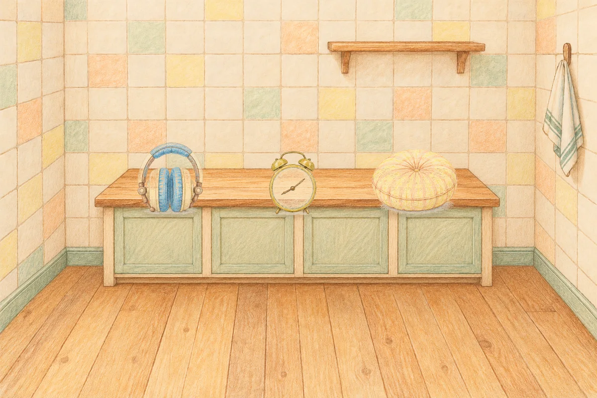 상봉동 여성전용 방문 마사지 안내 그림, 낮의 부엌 나무 조리대 위에 놓인 헤드폰, 둥근 알람시계, 둥근 쿠션