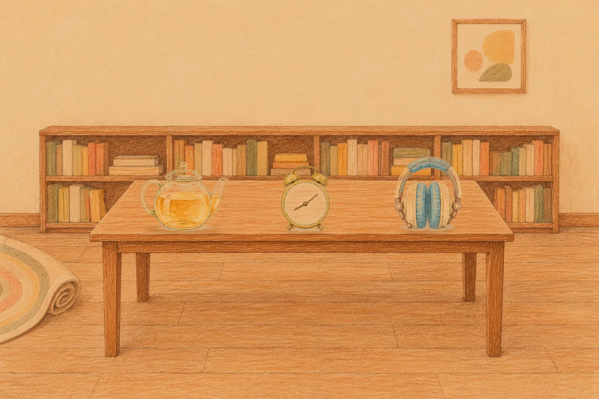 상봉동 여성전용 방문 홈케어 안내 그림, 저녁의 서재 긴 책상 위에 놓인 유리 티포트, 둥근 알람시계, 헤드폰