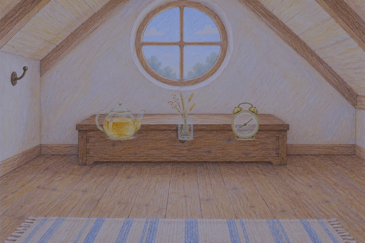 상봉동 여성전용 프라이빗 케어 안내 그림, 밤의 다락방 나무 궤짝 위에 놓인 유리 티포트, 마른 풀을 꽂은 항아리, 둥근 알람시계