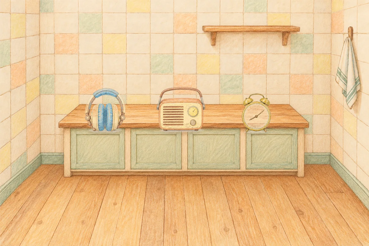 상봉동 여성전용 홈케어 후기 안내 그림, 낮의 부엌 나무 조리대 위에 놓인 헤드폰, 작은 라디오, 둥근 알람시계