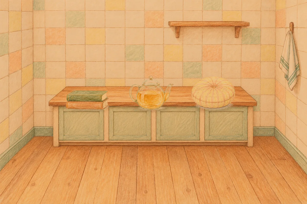 상봉동 여성전용 홈케어 추천 안내 그림, 저녁의 부엌 나무 조리대 위에 놓인 책 두 권, 유리 티포트, 둥근 쿠션