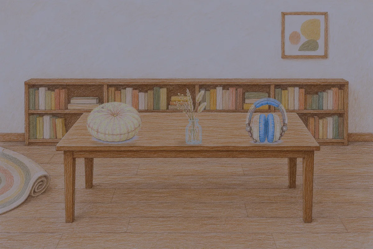 상봉동 여성전용 발관리 안내 그림, 밤의 서재 긴 책상 위에 놓인 둥근 쿠션, 마른 풀을 꽂은 항아리, 헤드폰