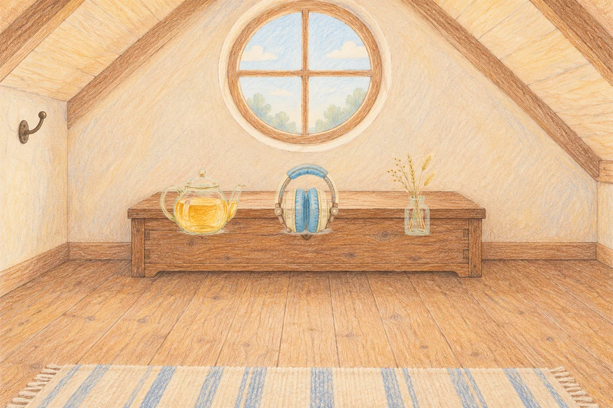 상봉동 여성전용 발 케어 안내 그림, 낮의 다락방 나무 궤짝 위에 놓인 유리 티포트, 헤드폰, 마른 풀을 꽂은 항아리