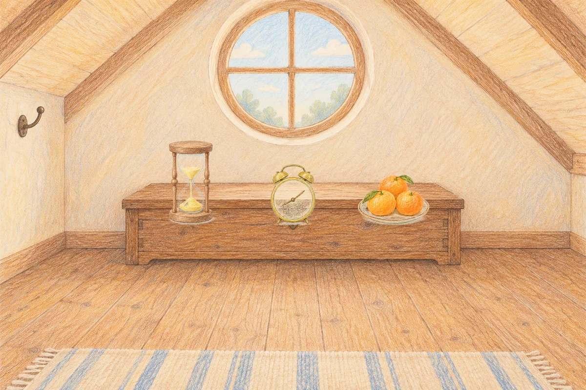 상봉동 여성전용 발 부종 케어 안내 그림, 낮의 다락방 나무 궤짝 위에 놓인 모래시계, 둥근 알람시계, 귤이 담긴 접시