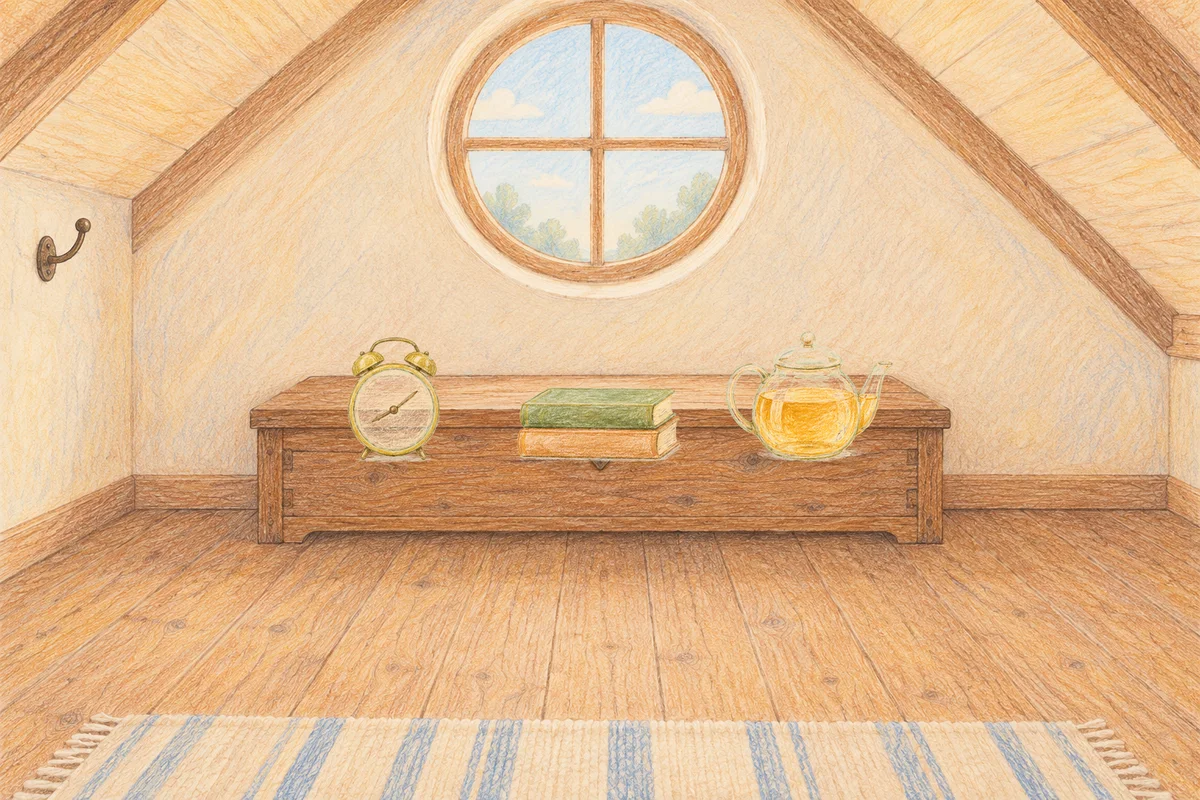 상봉동 여성전용 바디 케어 안내 그림, 낮의 다락방 나무 궤짝 위에 놓인 둥근 알람시계, 책 두 권, 유리 티포트
