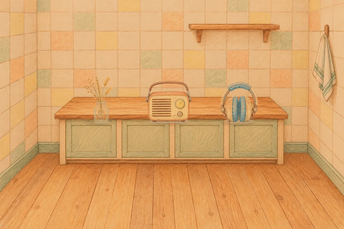 상봉동 여성전용 슬리밍 마사지 안내 그림, 저녁의 부엌 나무 조리대 위에 놓인 마른 풀을 꽂은 항아리, 작은 라디오, 헤드폰