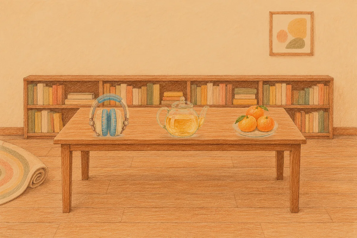 상봉동 여성전용 디톡스 마사지 안내 그림, 저녁의 서재 긴 책상 위에 놓인 헤드폰, 유리 티포트, 귤이 담긴 접시