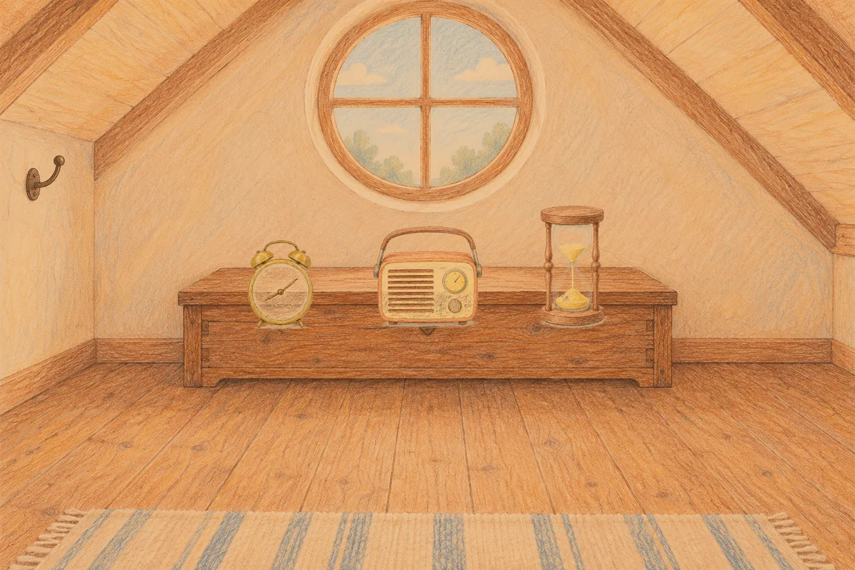 상봉동 여성전용 다이어트 마사지 안내 그림, 저녁의 다락방 나무 궤짝 위에 놓인 둥근 알람시계, 작은 라디오, 모래시계