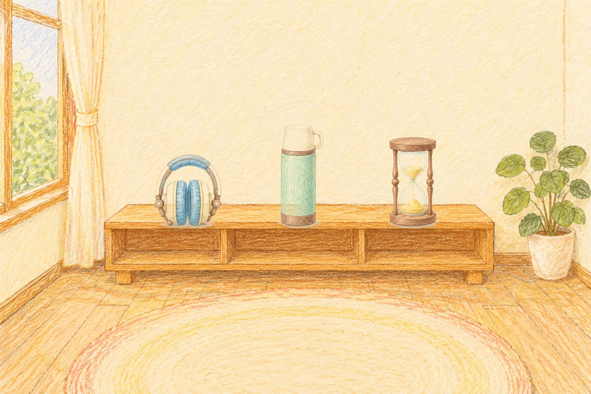 상봉동 여성전용 종아리 케어 안내 그림, 낮의 창가 낮은 선반 위에 놓인 헤드폰, 보온병, 모래시계