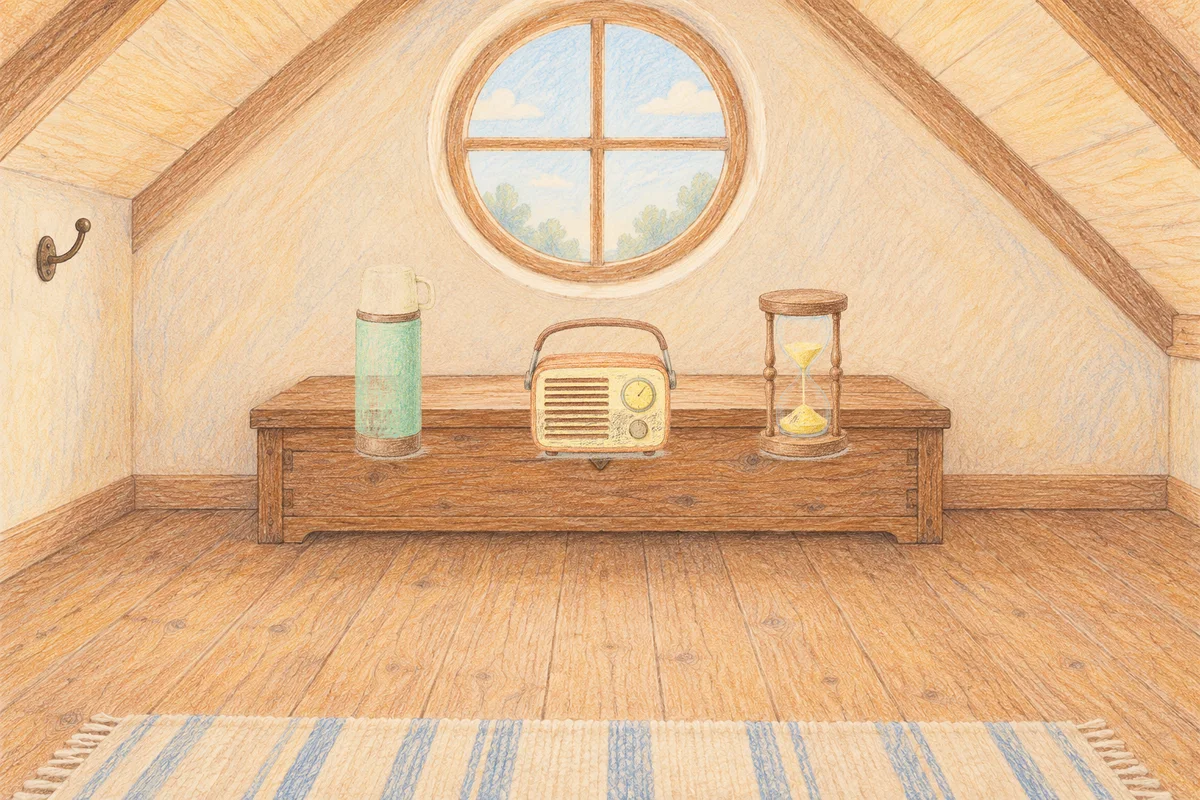 상봉동 여성전용 어깨 마사지 안내 그림, 낮의 다락방 나무 궤짝 위에 놓인 보온병, 작은 라디오, 모래시계