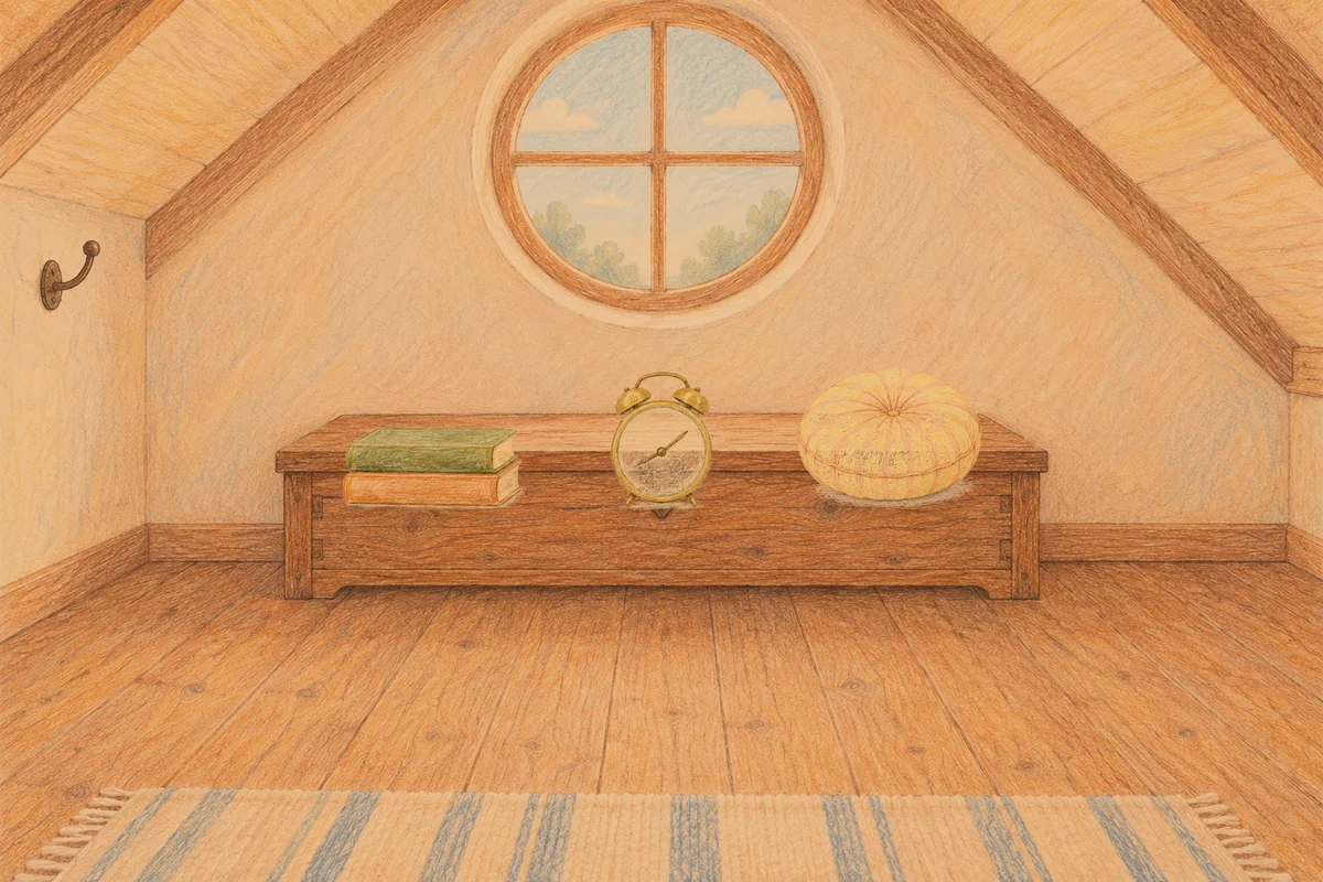 상봉동 여성전용 피로 회복 마사지 안내 그림, 저녁의 다락방 나무 궤짝 위에 놓인 책 두 권, 둥근 알람시계, 둥근 쿠션