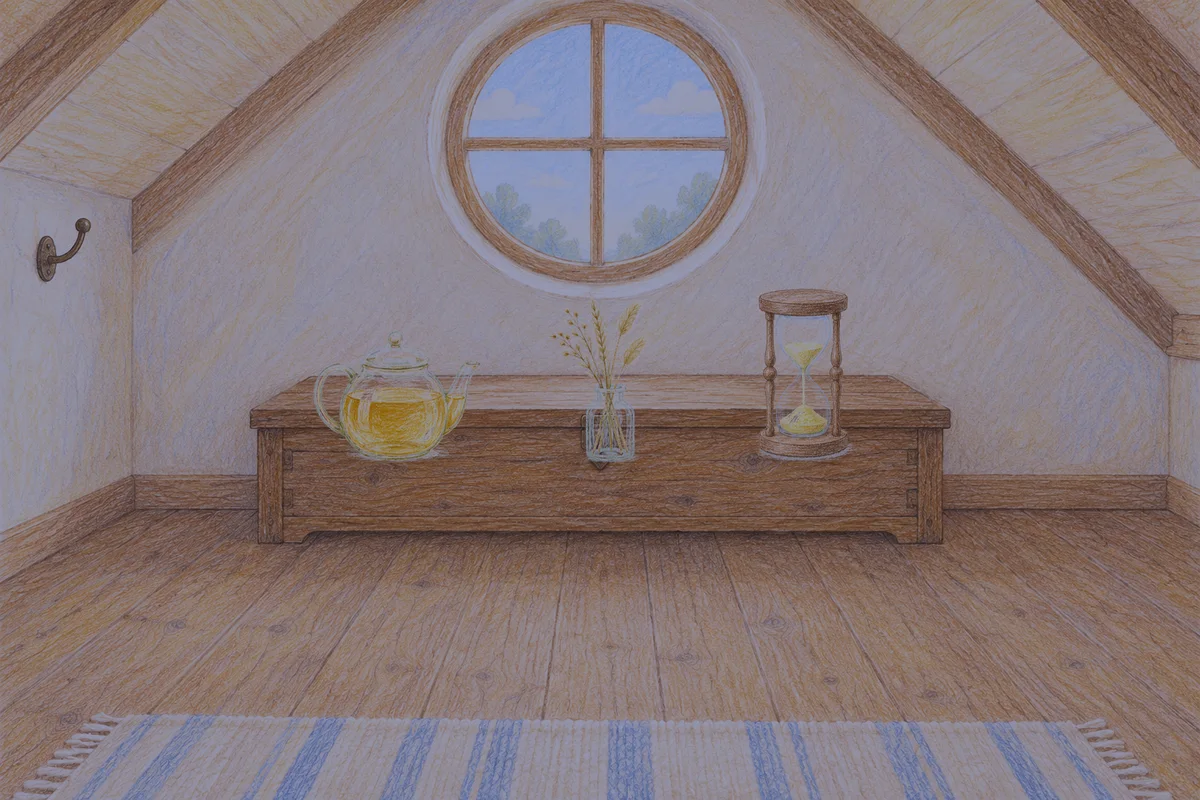 상봉동 여성전용 후기 마사지 안내 그림, 밤의 다락방 나무 궤짝 위에 놓인 유리 티포트, 마른 풀을 꽂은 항아리, 모래시계